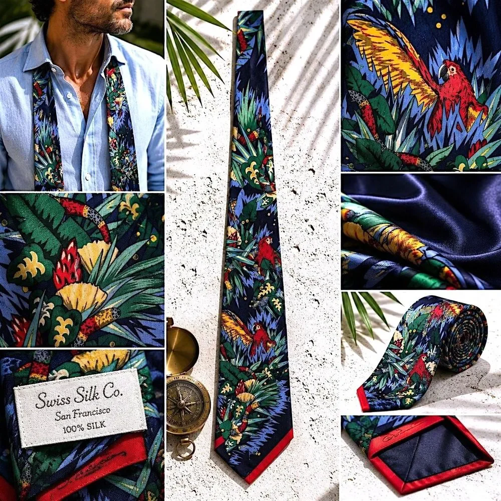 Vtg Swiss Silk Co Parrot Jungle Silk Tie Tropical Bird Novelty Coastal Artistic